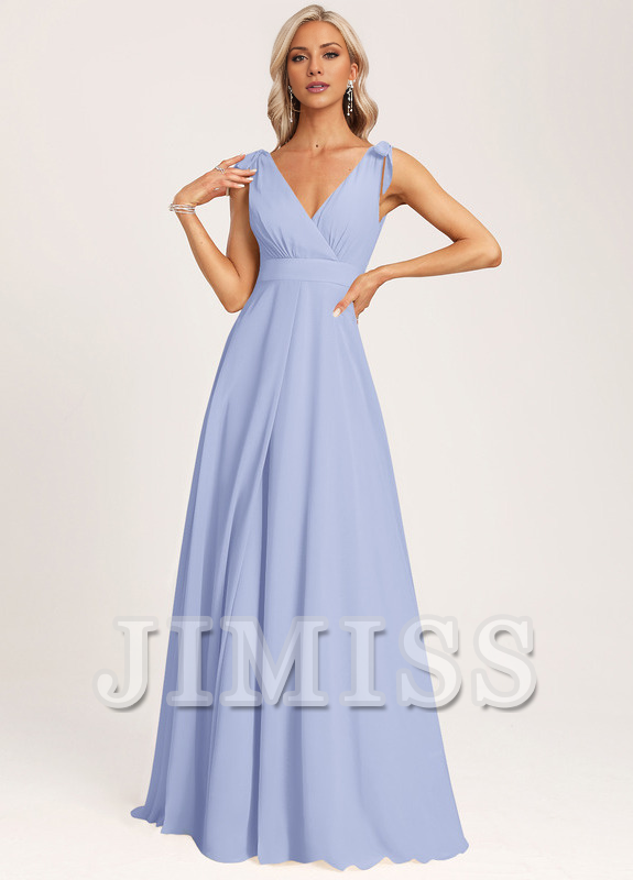 Abito da damigella d'onore lungo in chiffon con scollo a V, a trapezio e fiocco