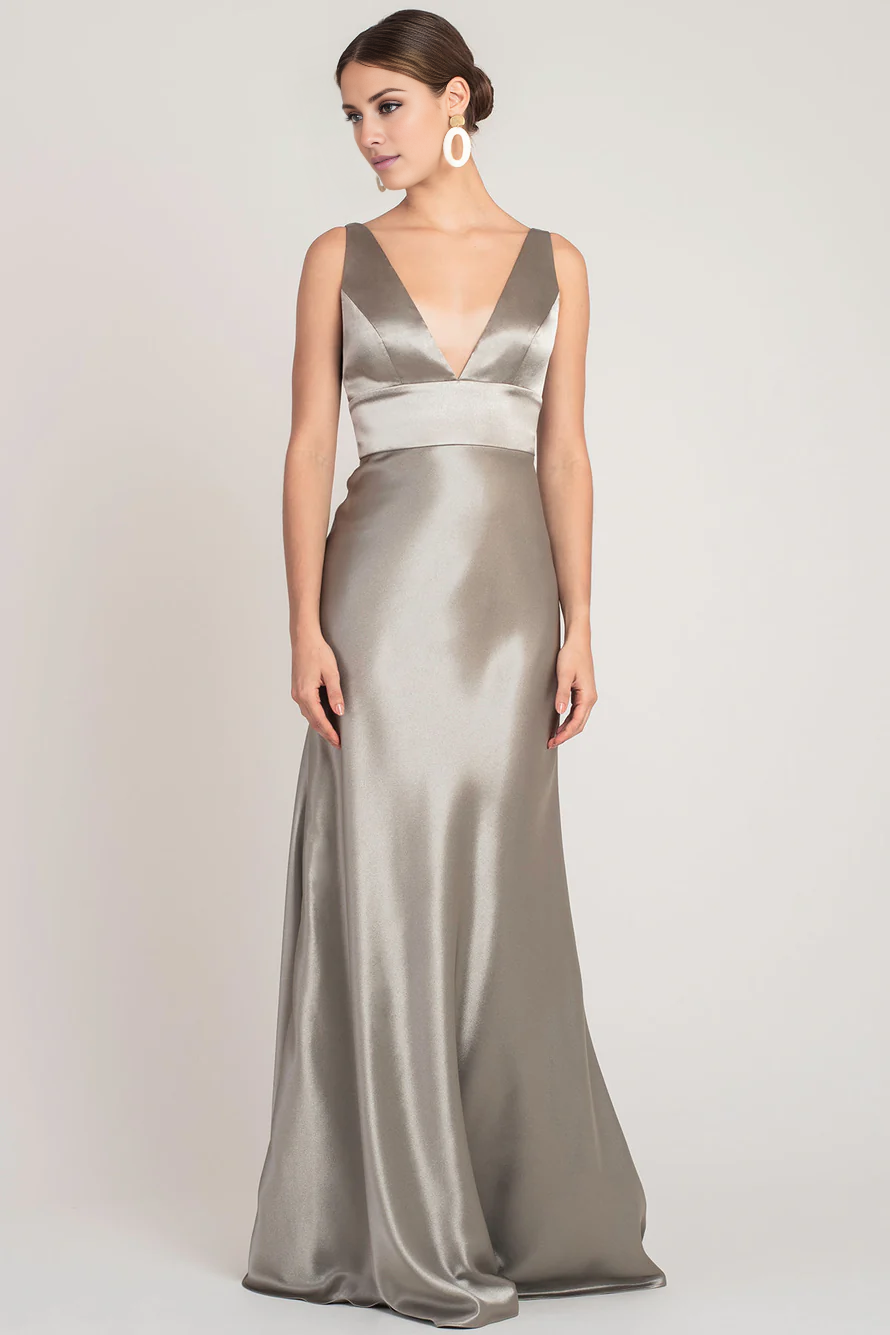 Vestido de fiesta Jimiss con escote en V profundo, hombros descubiertos, sin mangas, espalda descubierta y largo hasta el suelo