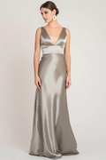 Vestido de fiesta Jimiss con escote en V profundo, hombros descubiertos, sin mangas, espalda descubierta y largo hasta el suelo