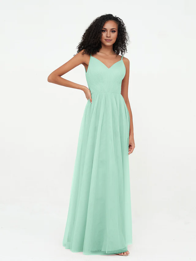 Chiffon Spaghetti-Strap V-Neck Ruched Bodice A-Line Floor-Length Bridesmaid Dresses