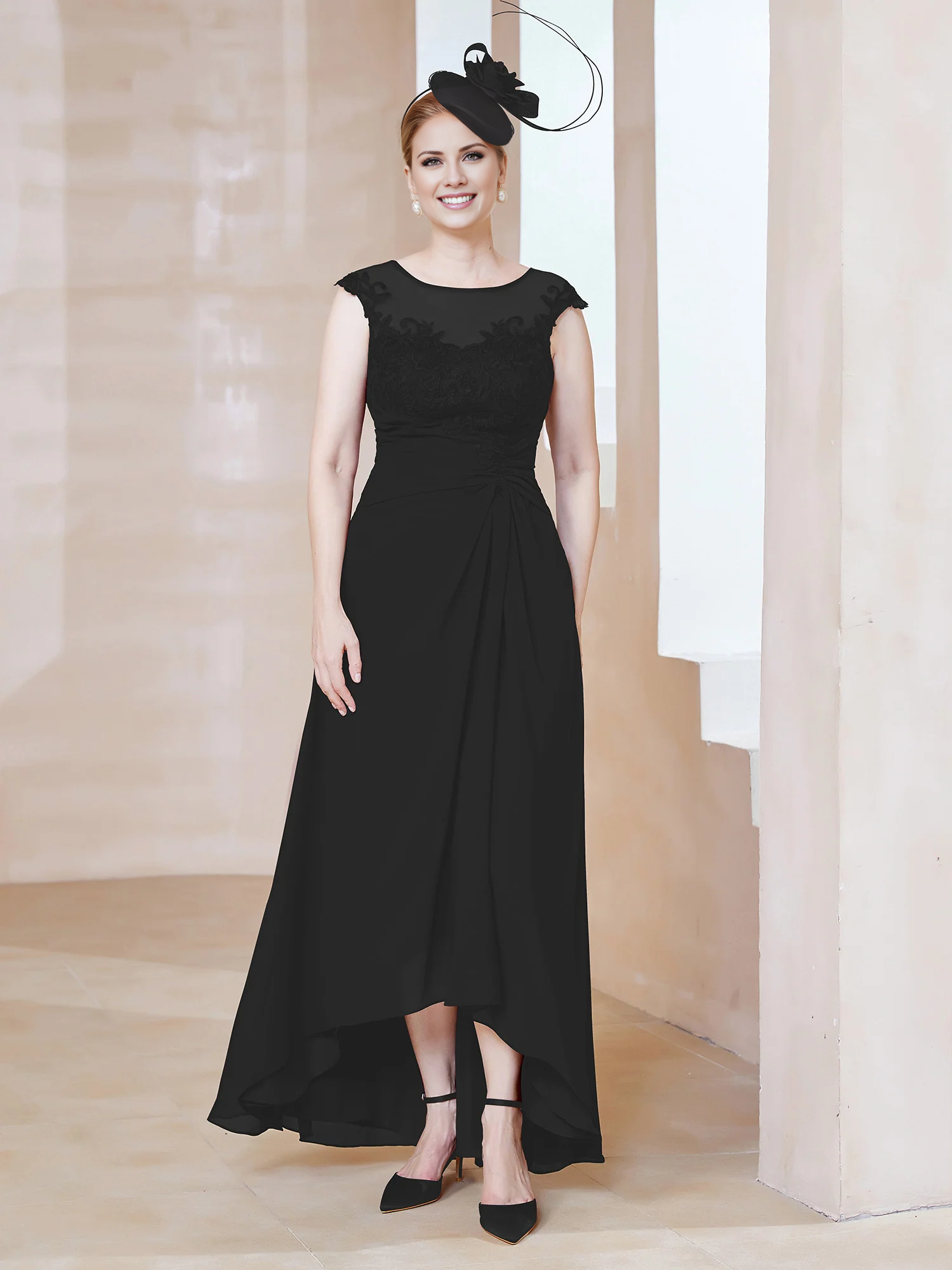 Burgundy Chiffon A-Line Asymmetrical Illusion Neck Dress with Lace Bodice