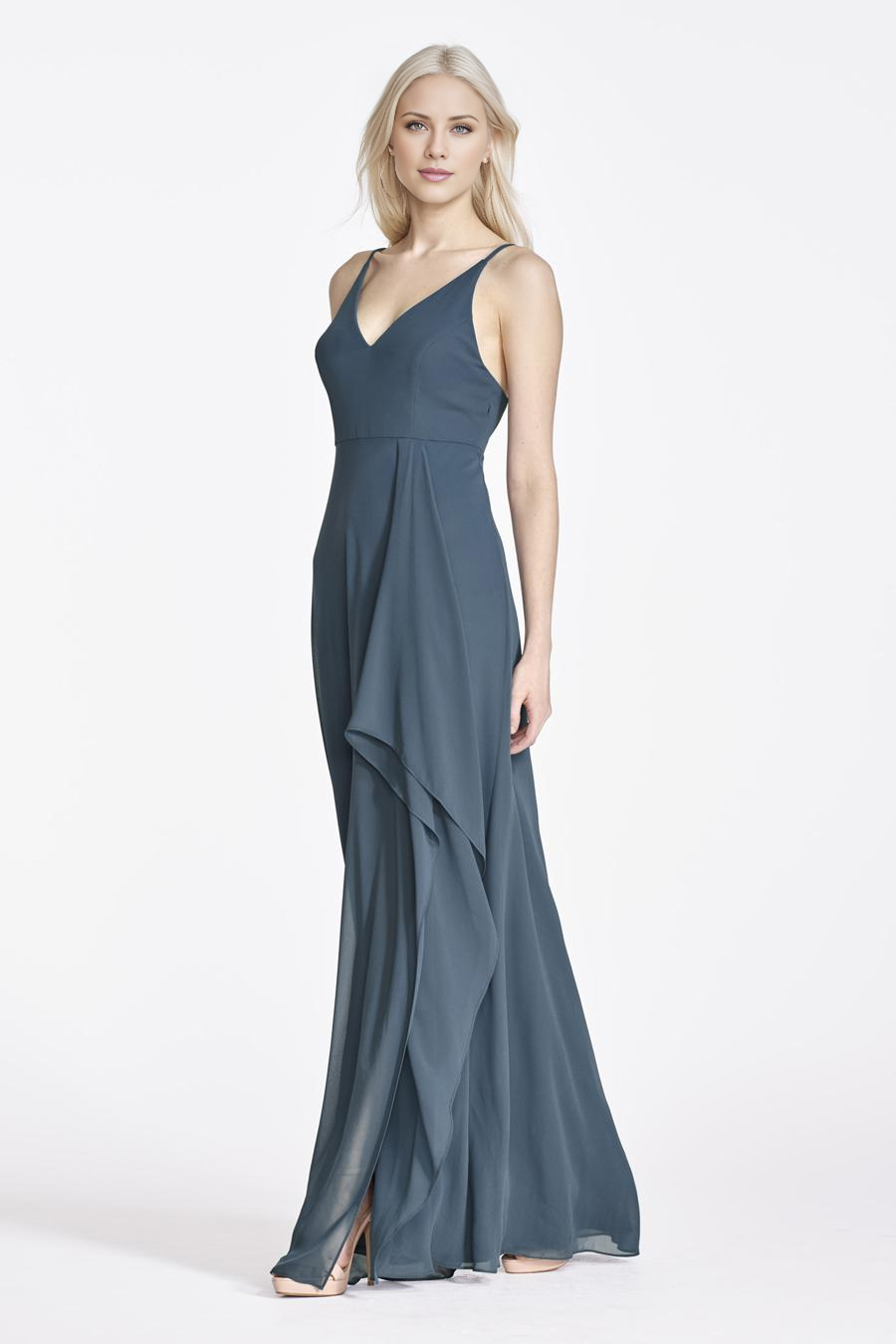 Vestido de noche Jimiss con escote en V, sin mangas, hombros descubiertos, tirantes finos, espalda descubierta y largo hasta el suelo