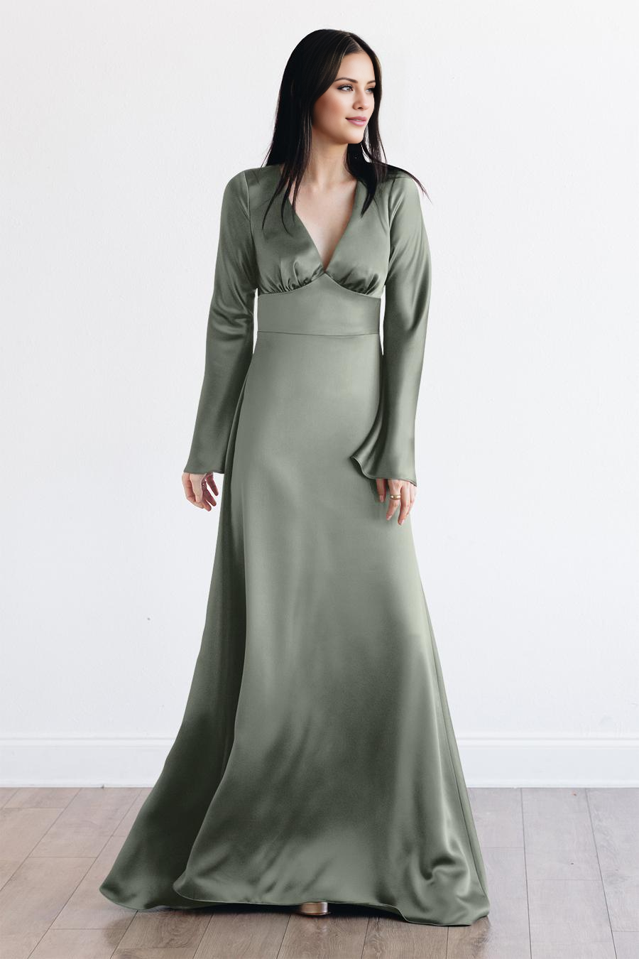 Vestido de noche Jimiss con escote en V profundo, manga larga, espalda descubierta y largo hasta el suelo