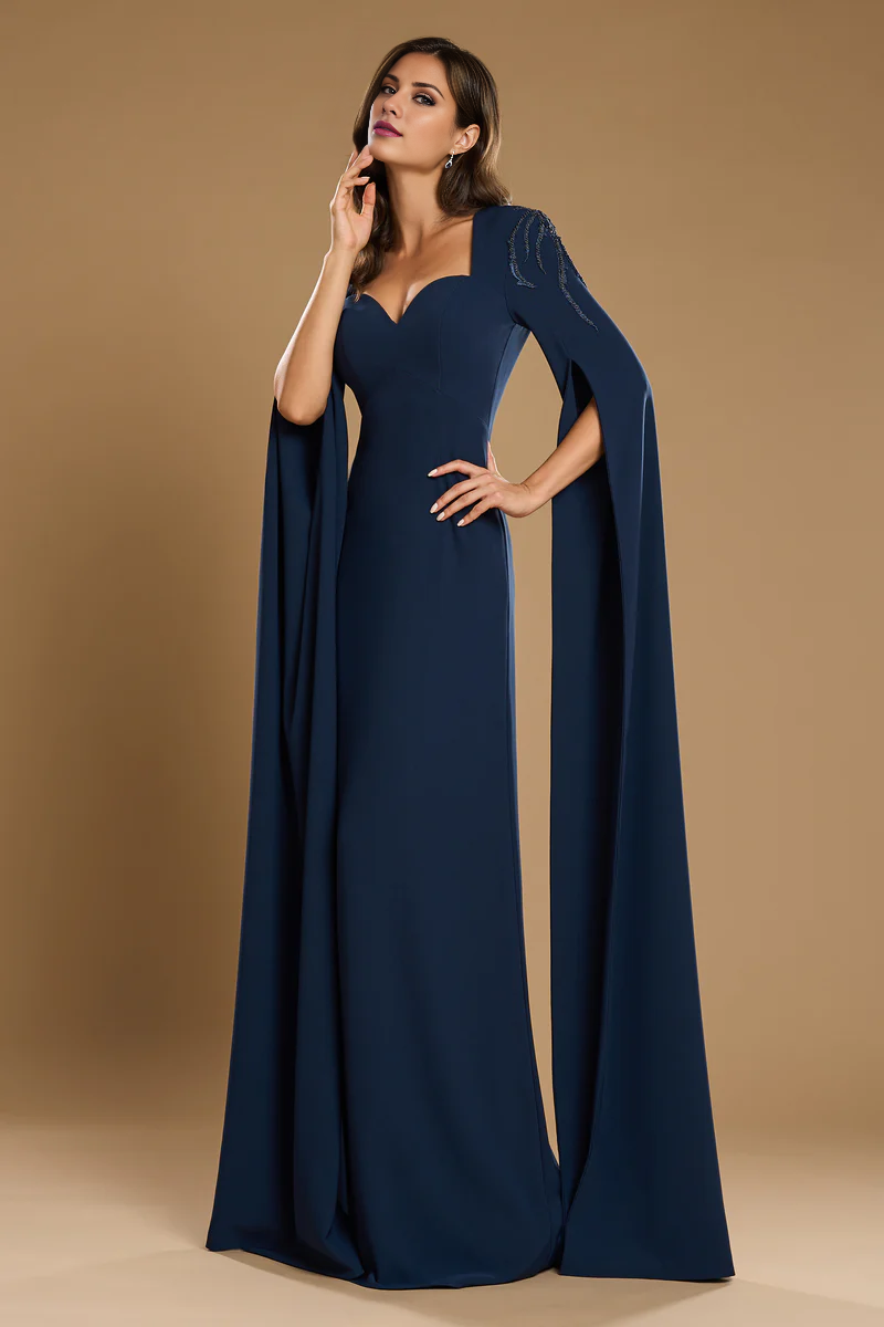 Dark Navy Crepe Sweetheart Sheath/Column Floor-Length Evening Dress with Cape Sleeves