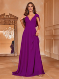 Plum Chiffon A-Line Floor-Length Bridesmaid Dress with Cape-like Sleeves