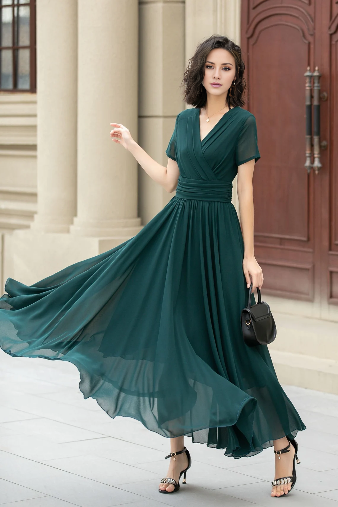 Jimiss - Vestido de fiesta largo fluido de gasa con cuello en V y mangas cortas 