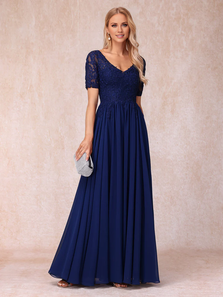 Dark Navy V-Neck Lace Chiffon A-Line Floor-Length Evening Dress