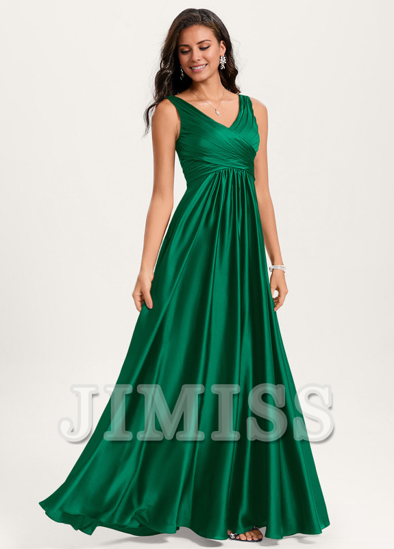 Vestido de dama de honor de satén con volantes, escote en V y largo hasta el suelo