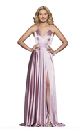 Vestido de noche ajustado sin mangas con escote en V profundo, abertura lateral y largo hasta el suelo