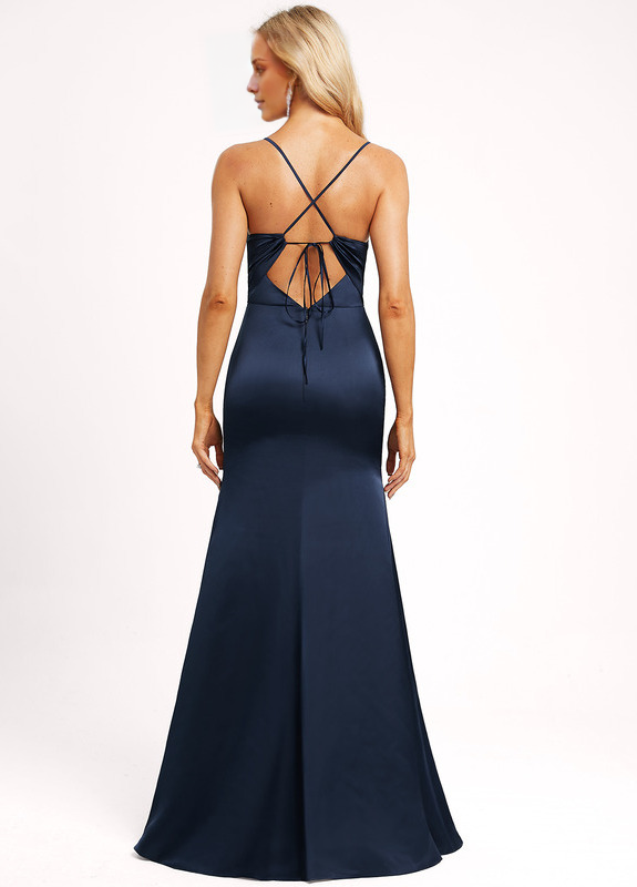 Abito da damigella d'onore in raso lungo fino al pavimento, con scollo a V e linea ad A