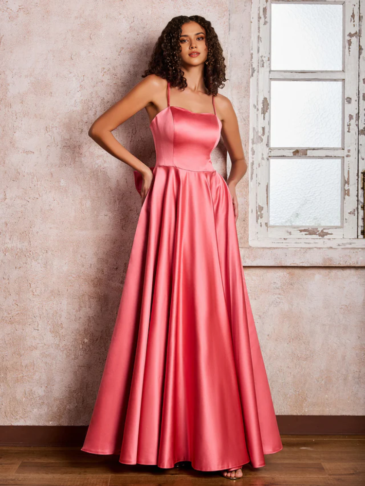 Coral Satin A-Line Floor-Length Sweetheart Bridesmaid Dress