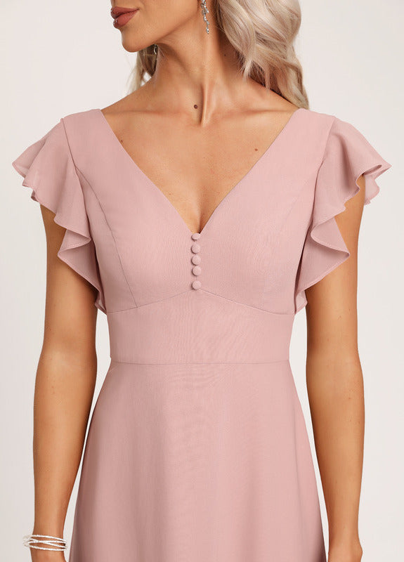 Vestido de dama de honor de gasa con volantes, escote en V y largo hasta el suelo