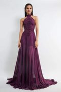 Vestido de fiesta Jimiss con escote halter, hombros descubiertos, sin mangas, espalda descubierta y largo hasta el suelo