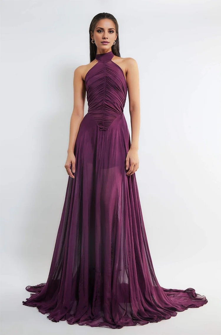Mulberry Chiffon A-Line Floor-Length Evening Dress with Ruched Halter Neck and Open Back