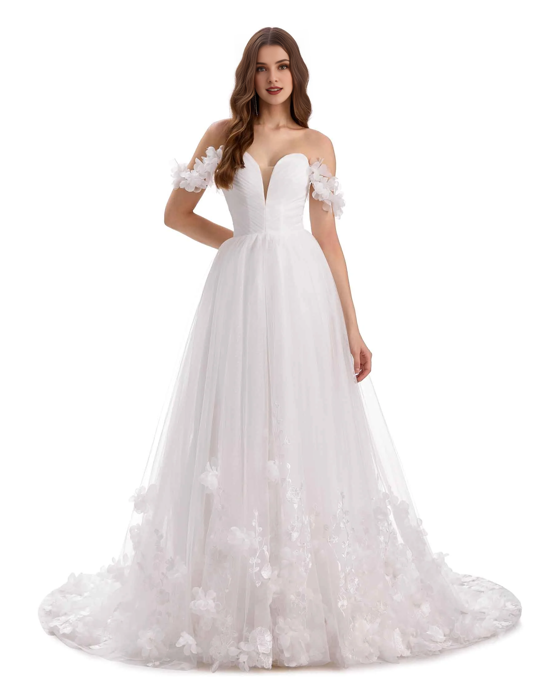 Precioso vestido de novia extra largo de encaje floral con escote en V y hombros descubiertos en forma de A