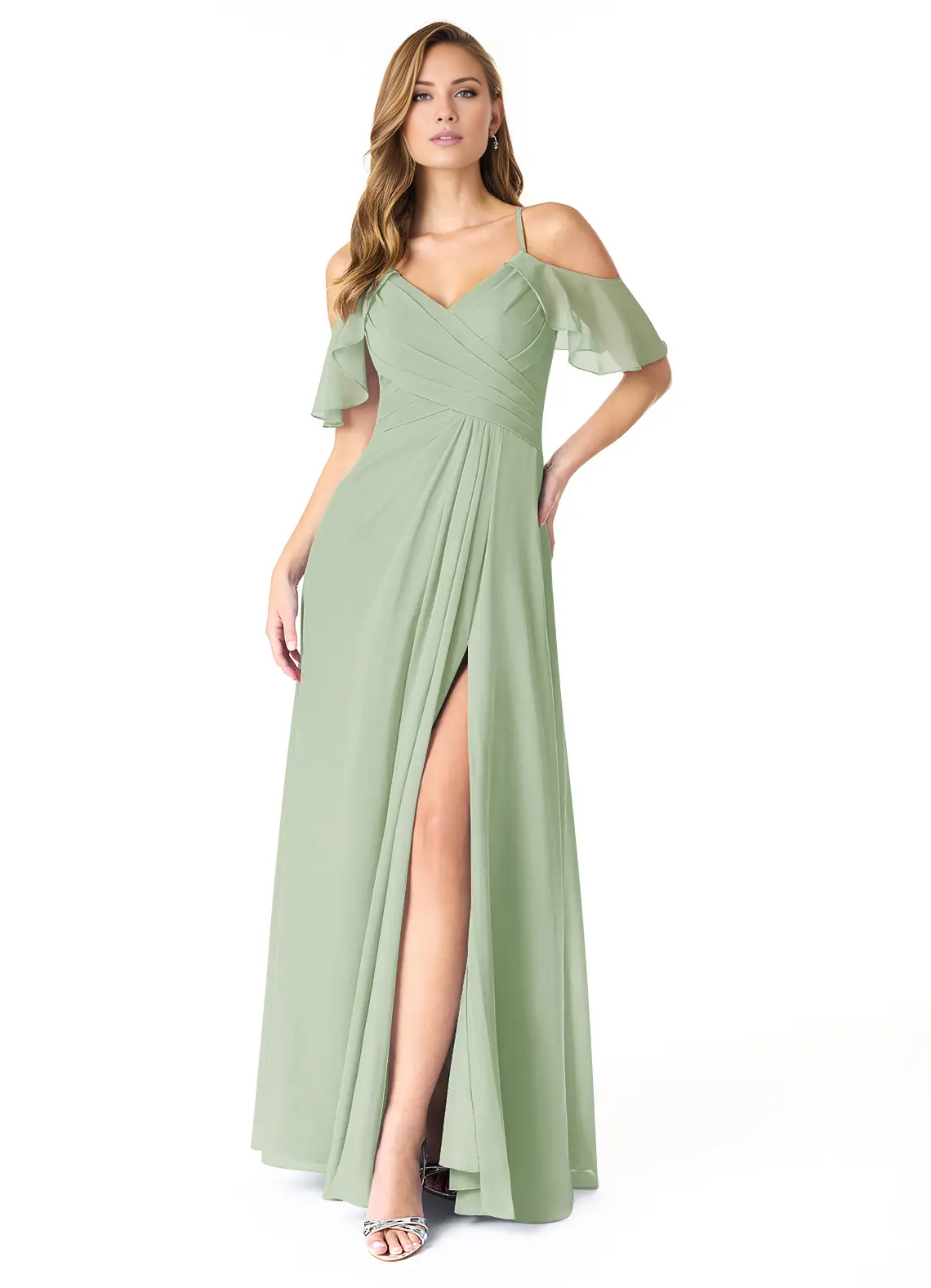 Vestido de dama de honor de gasa plisada con escote en V, corte A, abertura lateral y largo hasta el suelo - Vestido Jimiss 