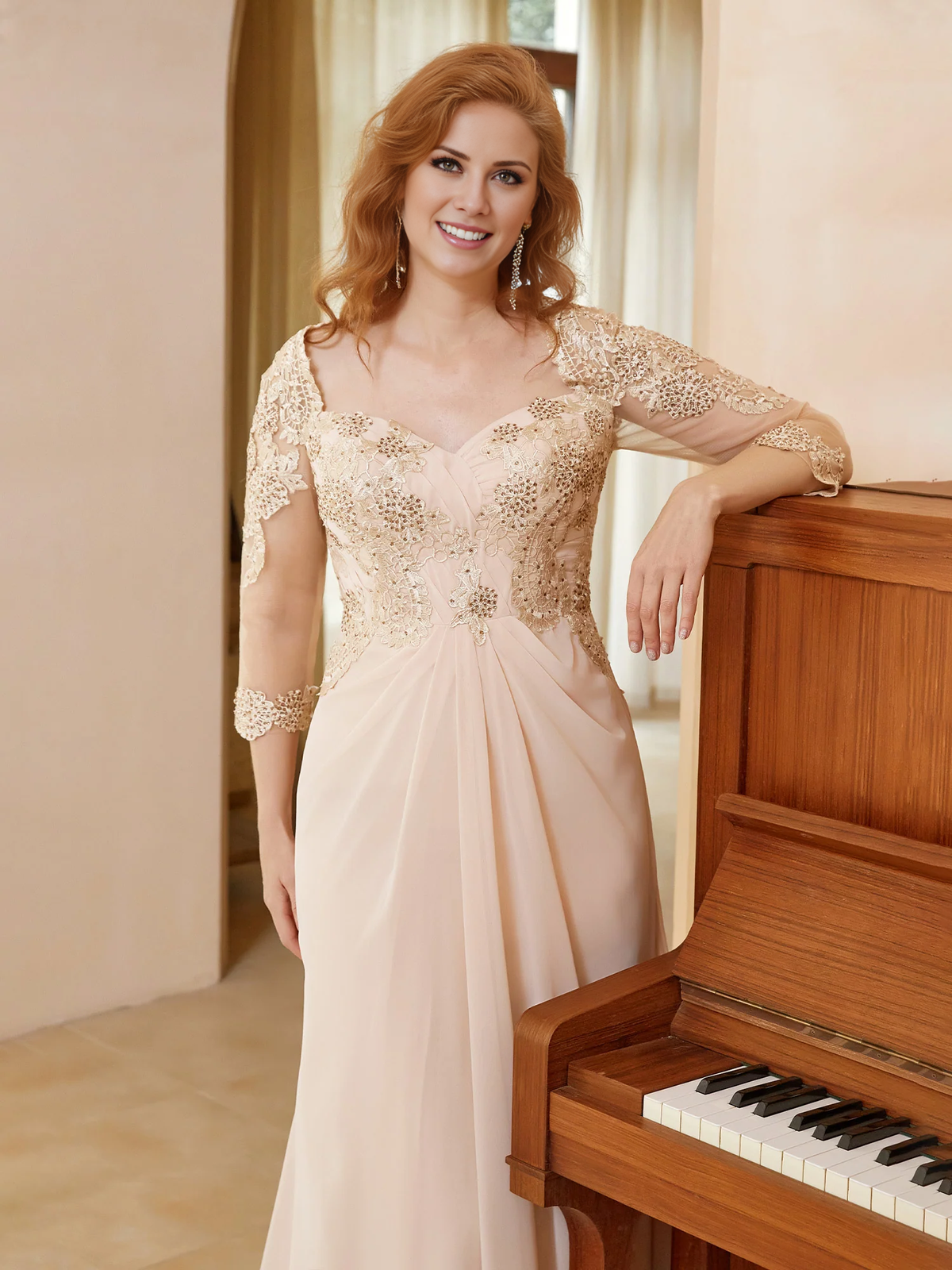 Blushing Pink Chiffon A-Line Floor-Length Gown with Illusion Neck & Beaded Lace Bodice