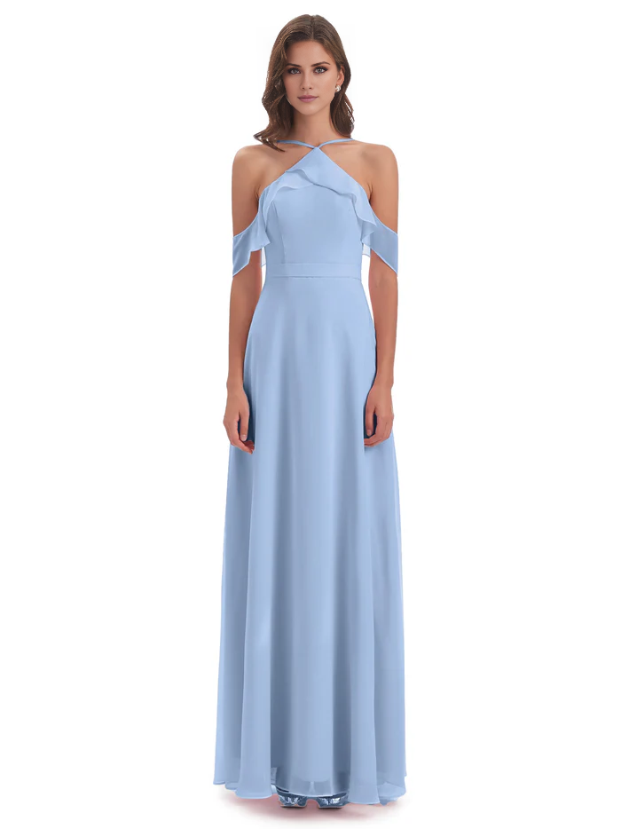 Tight off shoulder chiffon long and floor length bridesmaid dress