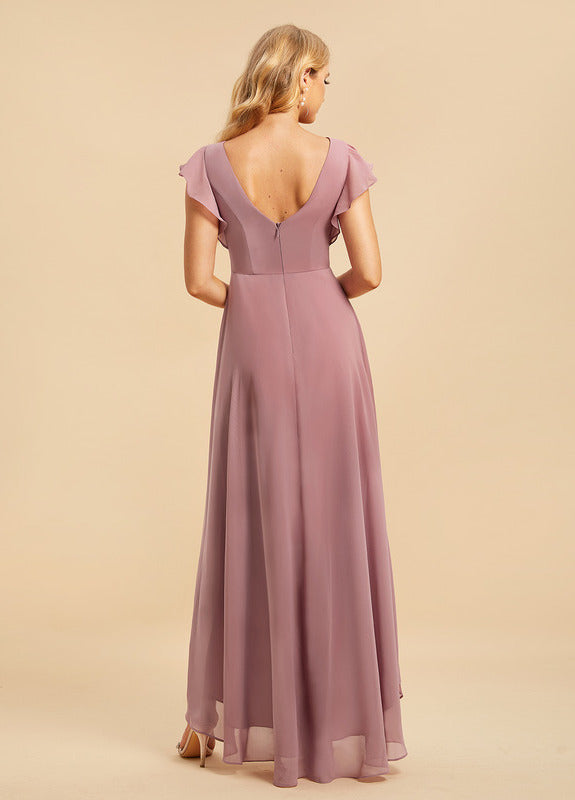 Vestido de dama de honor asimétrico de gasa con escote en A y volantes