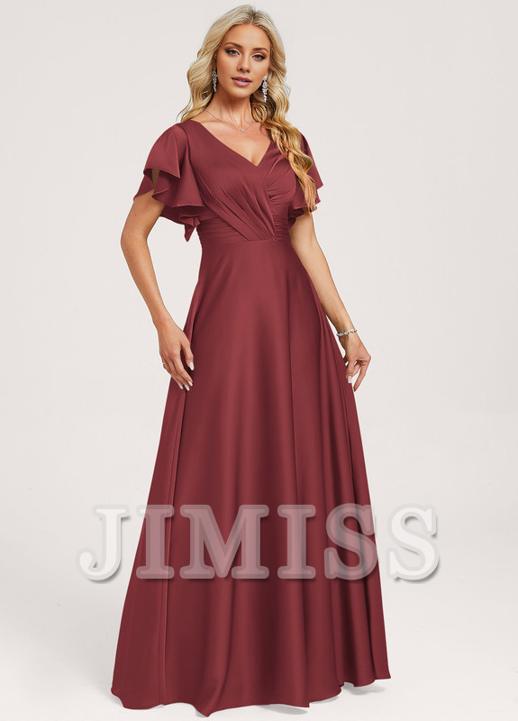 Vestido de dama de honor de satén con volantes, escote en V y largo hasta el suelo