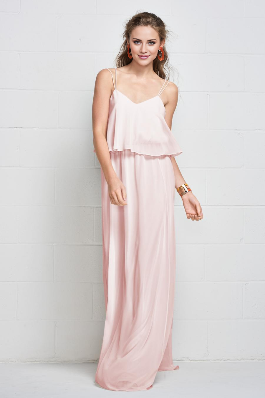 Blushing Pink Chiffon Layered Bodice Spaghetti Strap A-Line Floor-Length Bridesmaid Dress