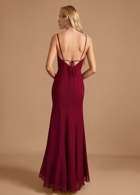 Vestido de dama de honor de gasa con volantes, corte trompeta, cola de pez, cuadrado, largo hasta el suelo