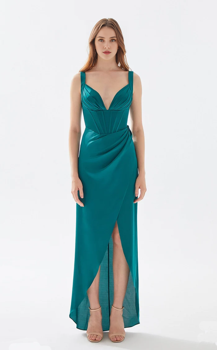 Vestido de noche largo hasta el suelo con abertura alta, sin mangas y escote en V profundo