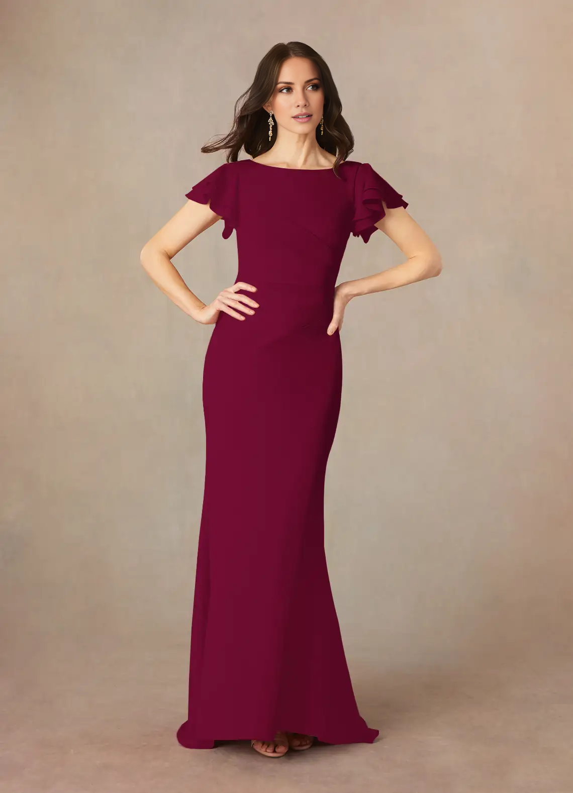 Burgundy Crepe Boat Neck Flutter Sleeve Floor-Length Bridesmaid Dress