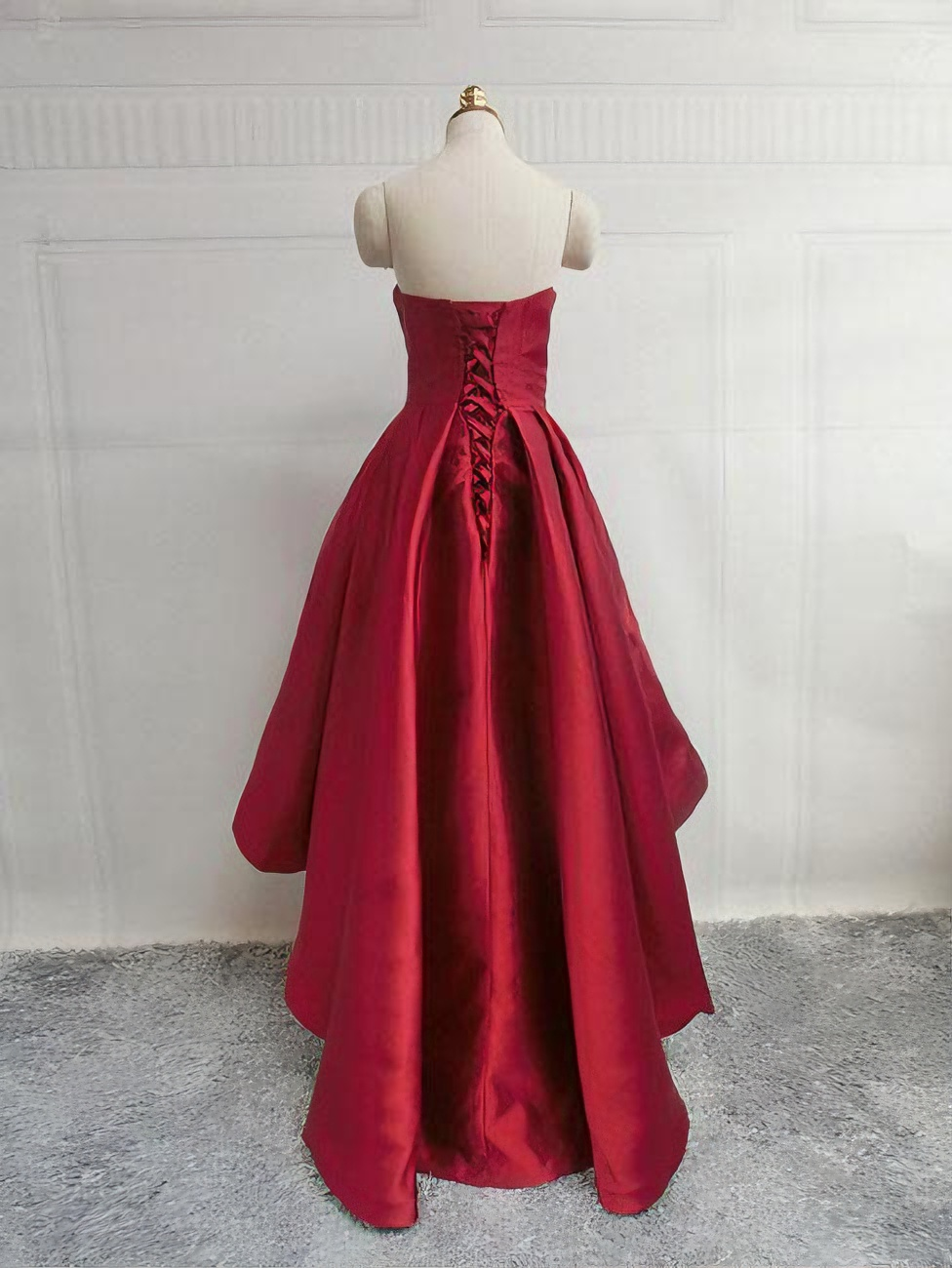 Luxury satin highlow strapless sweetheart solid lace up back irregular hem formal homecoming dress