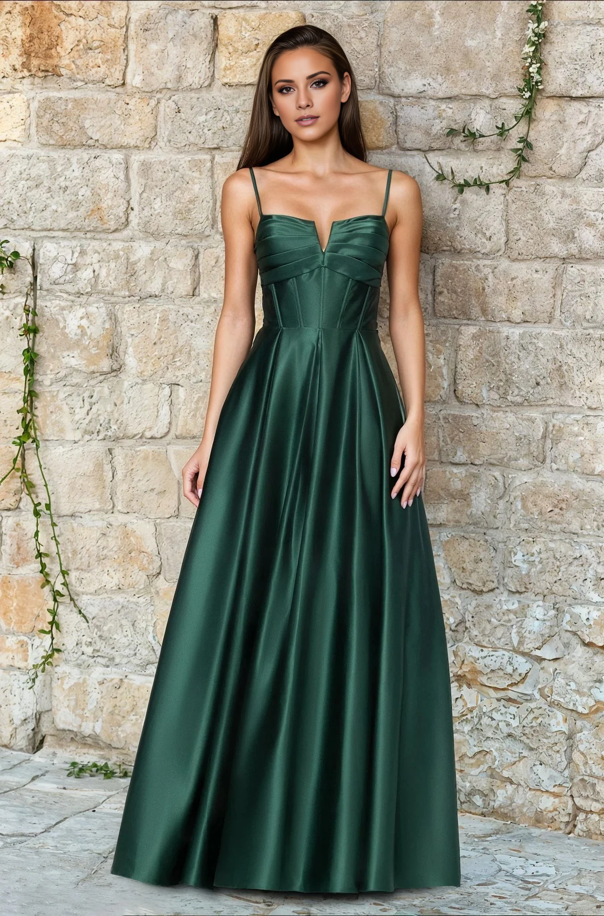 Vestido de noche Jimiss de corte A, escote en V, tirantes finos, espalda descubierta y largo hasta el suelo 
