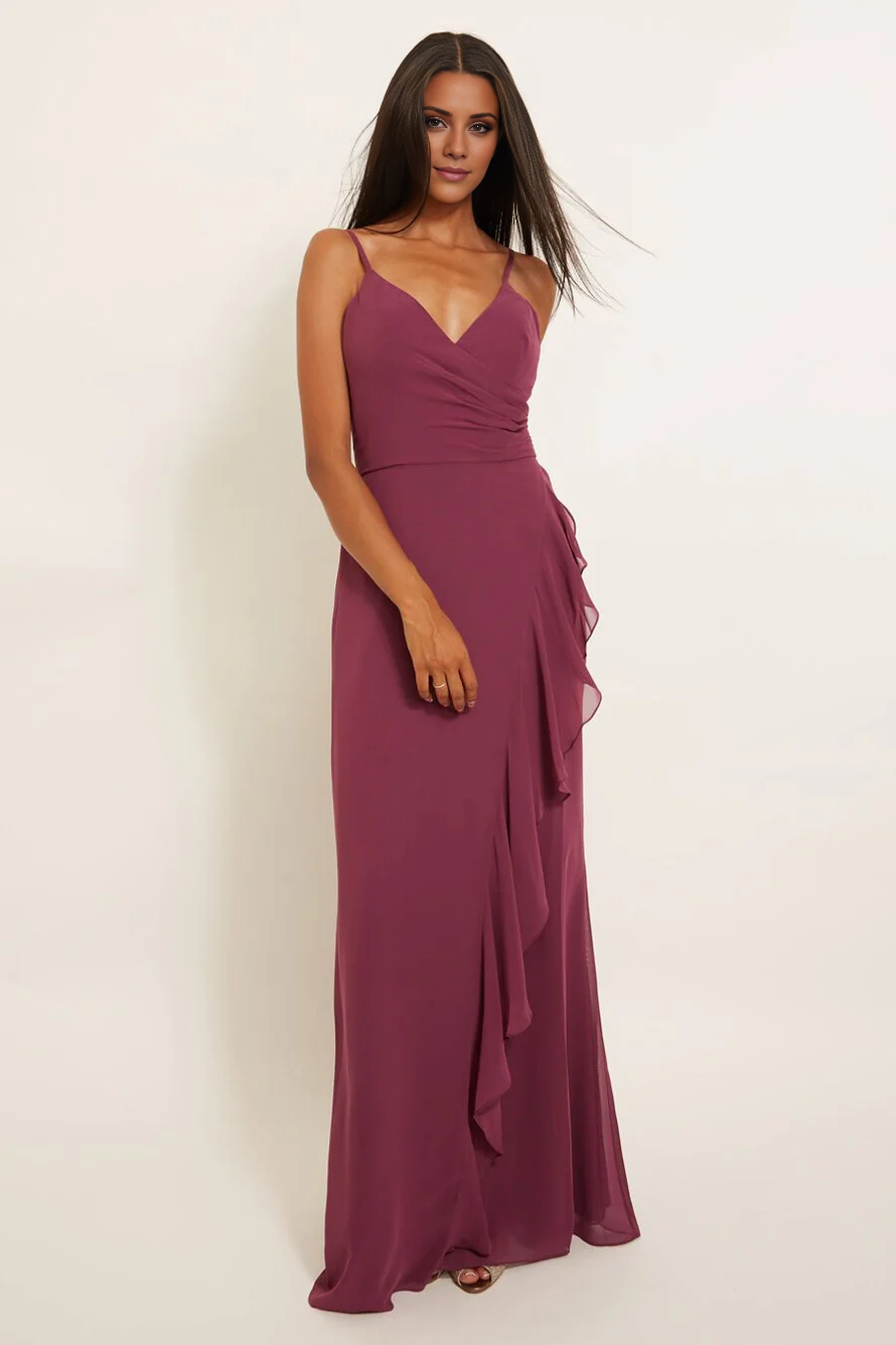 Vestido de fiesta Jimiss con escote en V, hombros descubiertos, sin mangas, tirantes finos, espalda descubierta y largo hasta el suelo