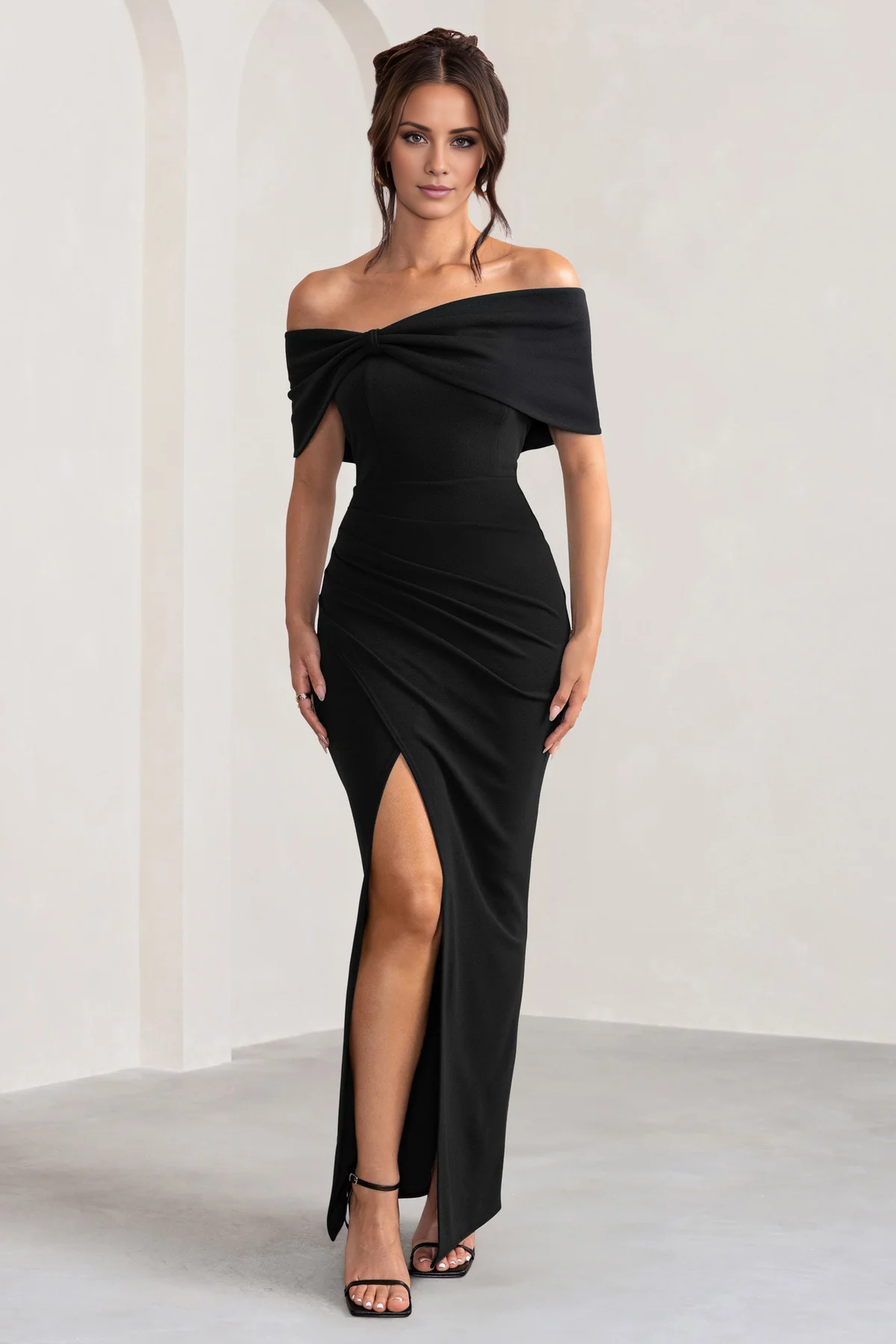 Off shoulder neckline with bow details thigh slit and floor length even dress - jimiss dress