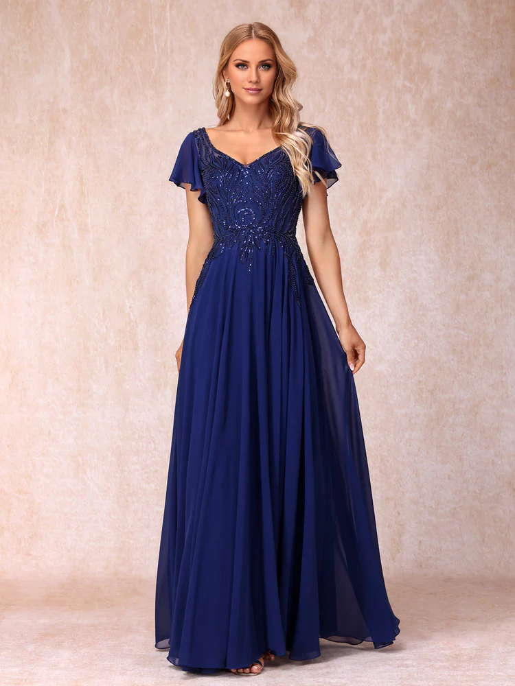 Dark Navy Beaded V-Neck A-Line Chiffon Floor-Length Gown