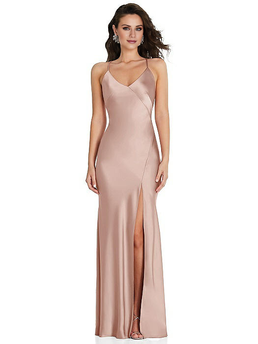 Vestido de fiesta Jimiss con escote en V, sin mangas, hombros descubiertos, tirantes finos, abertura lateral sin espalda y largo hasta el suelo