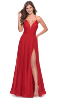 Red Chiffon A-Line Floor-Length Evening Dress with Halter neckline & Backless Design