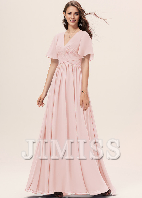 Vestido de dama de honor de gasa con volantes, escote en V y largo hasta el suelo