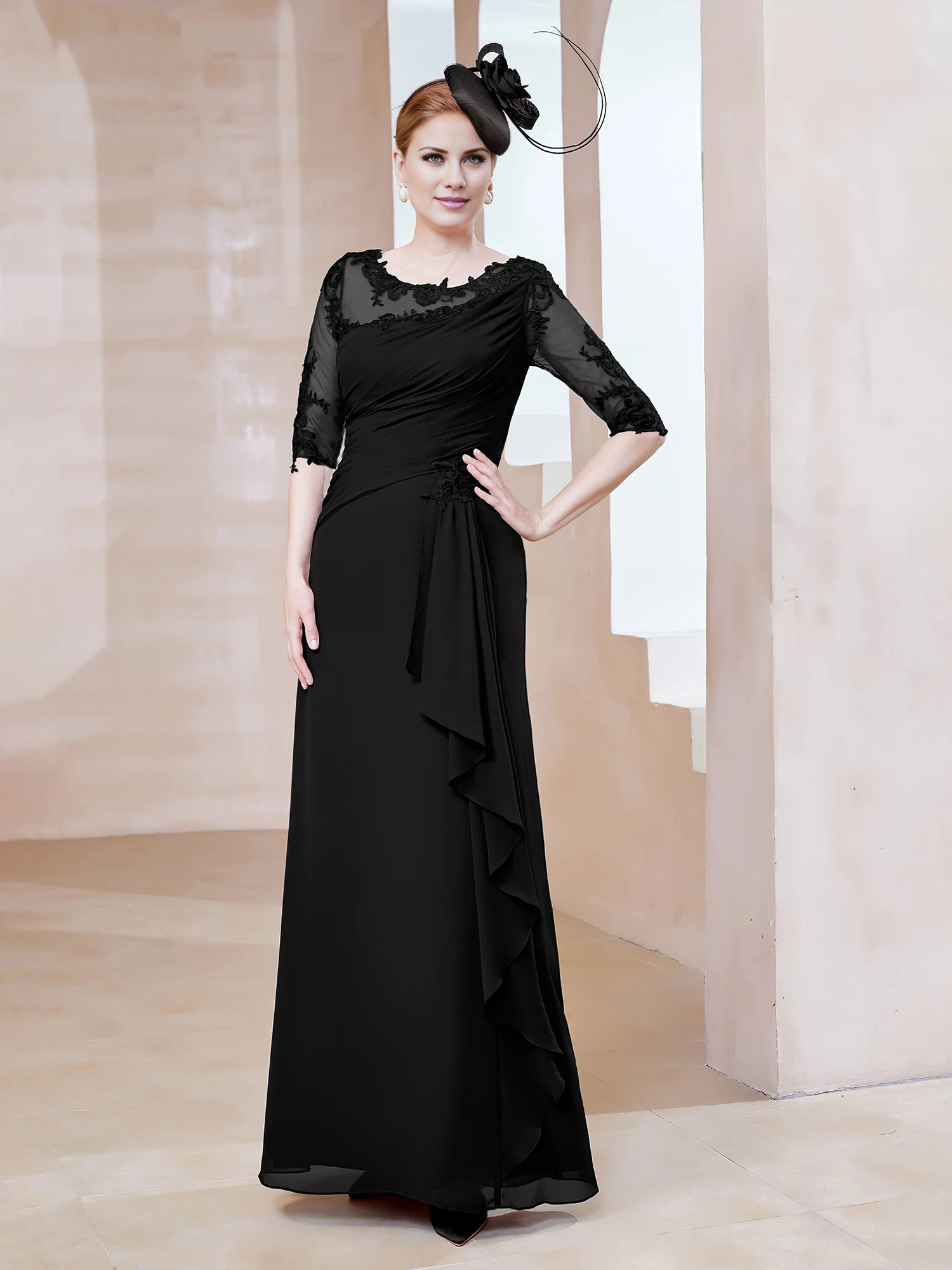 Vestido de madre de la novia ajustado, con escote redondo bajo de encaje y bordes con volantes.