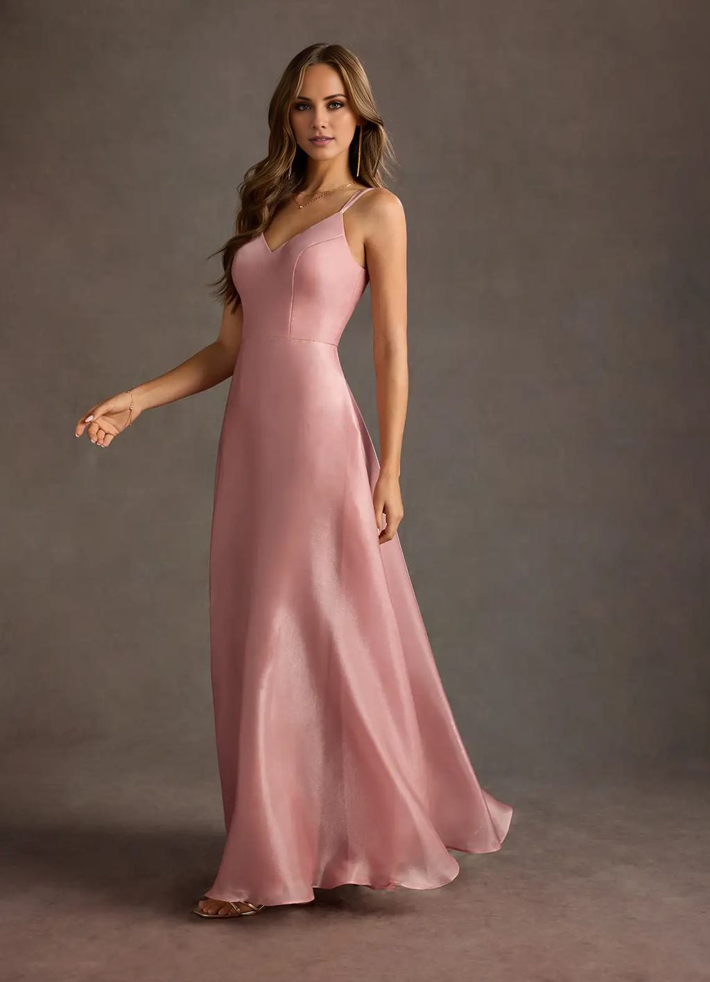 Blushing Pink Satin A-Line Floor-Length V-Neck Bridesmaid Dress