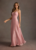 Blushing Pink Satin A-Line Floor-Length V-Neck Bridesmaid Dress
