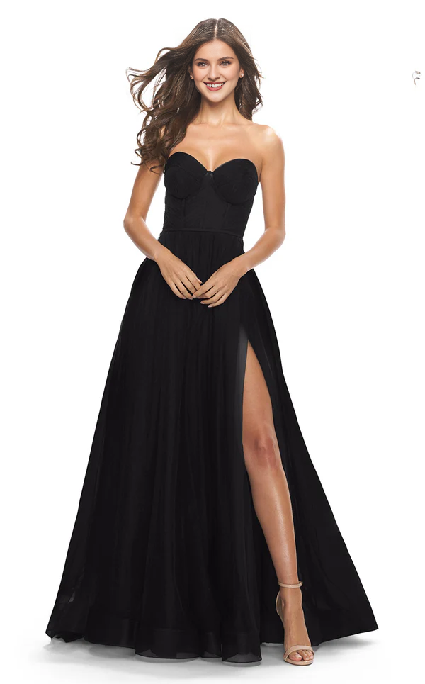 Vestido de fiesta largo hasta el suelo, con escote en forma de corazón, corsé transparente, sin tirantes, ajustado, con aberturas laterales