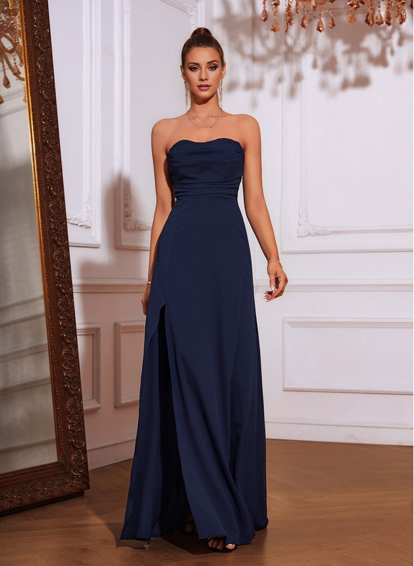 Vestido Jimiss de corte A con escote en forma de corazón, drapeado hasta el suelo y brillo