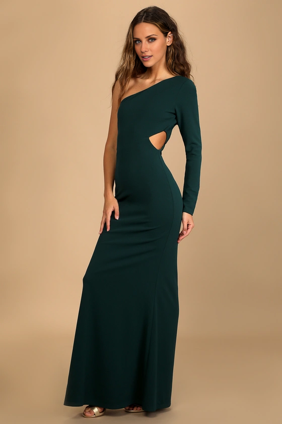 Jimiss asymmetrical collar off shoulder long sleeved backless and floor length evening dress