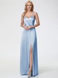 Vestido de fiesta Jimiss de satén con escote en V, tirantes finos, plisado, espalda descubierta y abertura