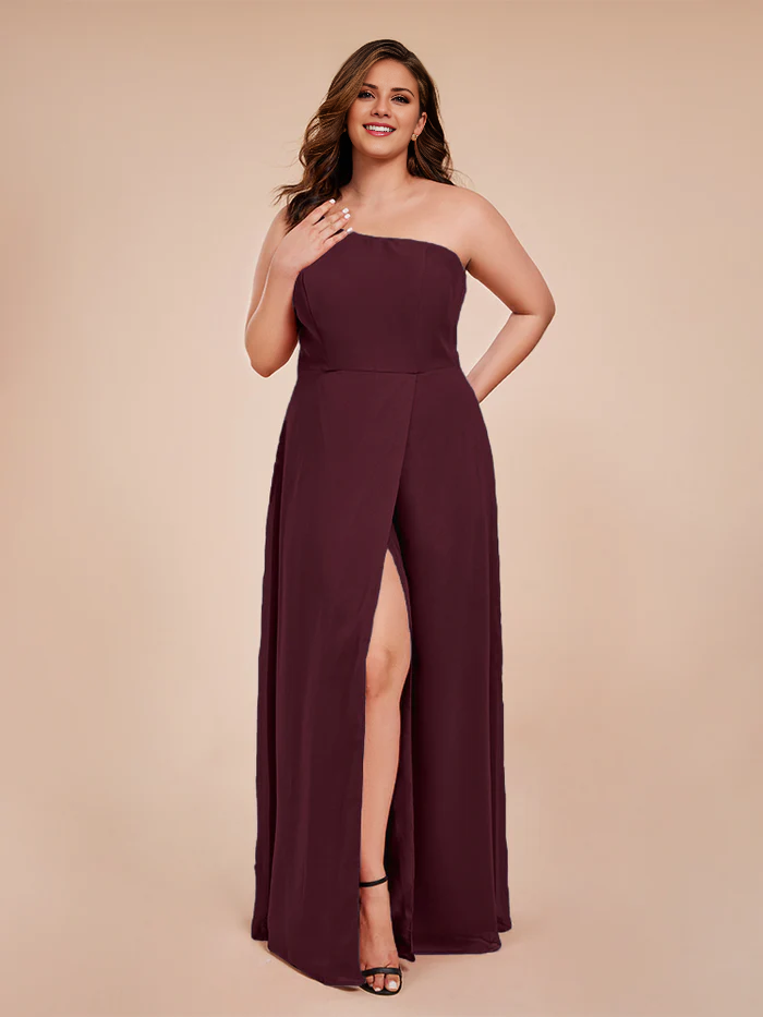 Plus size one shoulder side slit chiffon bridesmaid dress