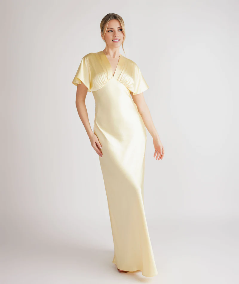 Jimiss V collar bat sleeves satin and floor length Prom dress