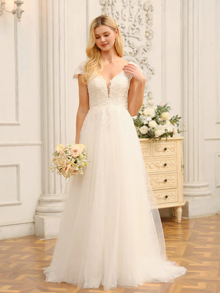 Vestido de novia largo de manga corta con escote en V, apliques y adornos de cuentas
