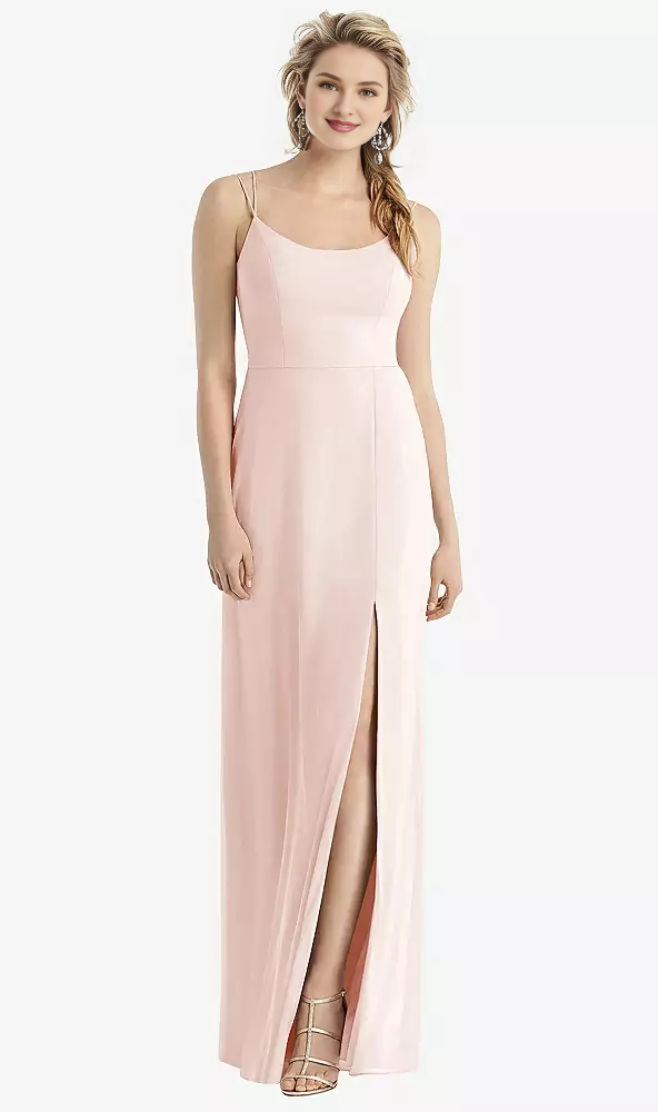 Blushing Pink Chiffon Sheath/Column Floor-Length Bridesmaid Dress with Scoop Neck, High Slit & Backless Design