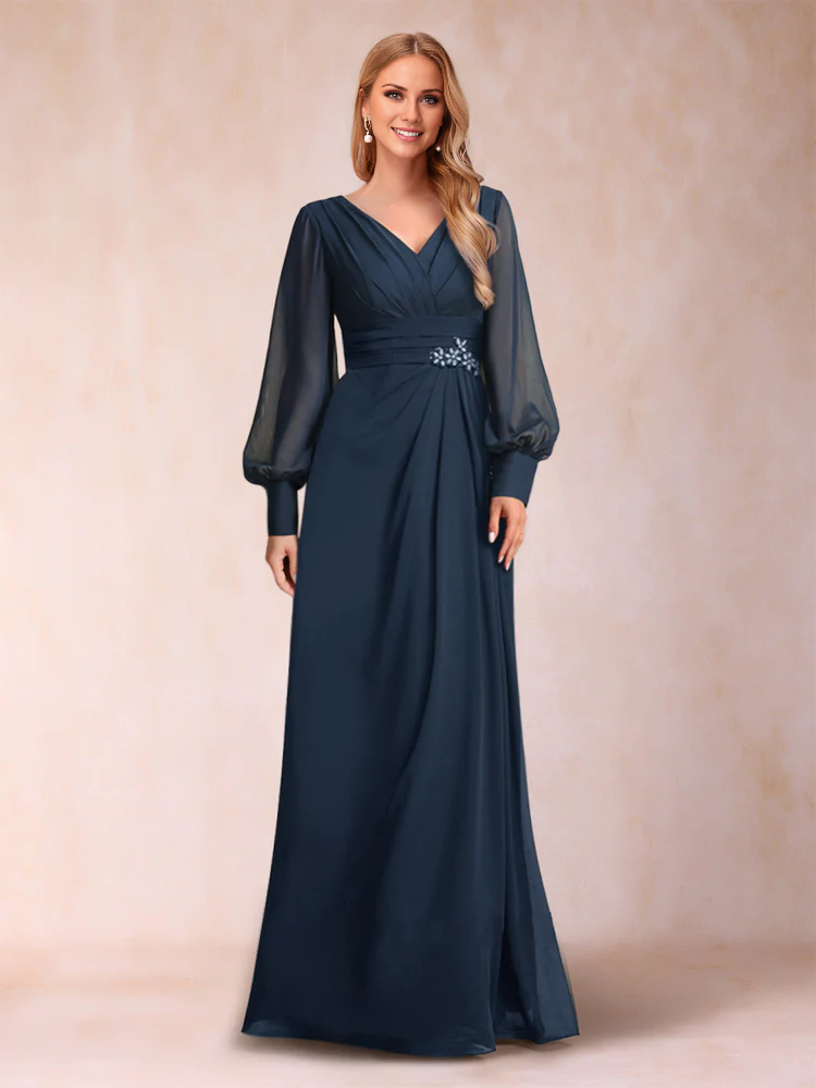 Dark Navy Chiffon A-Line Floor-Length Bridesmaid Dress with V-Neck, Pleated Bodice & Bishop Sleeves