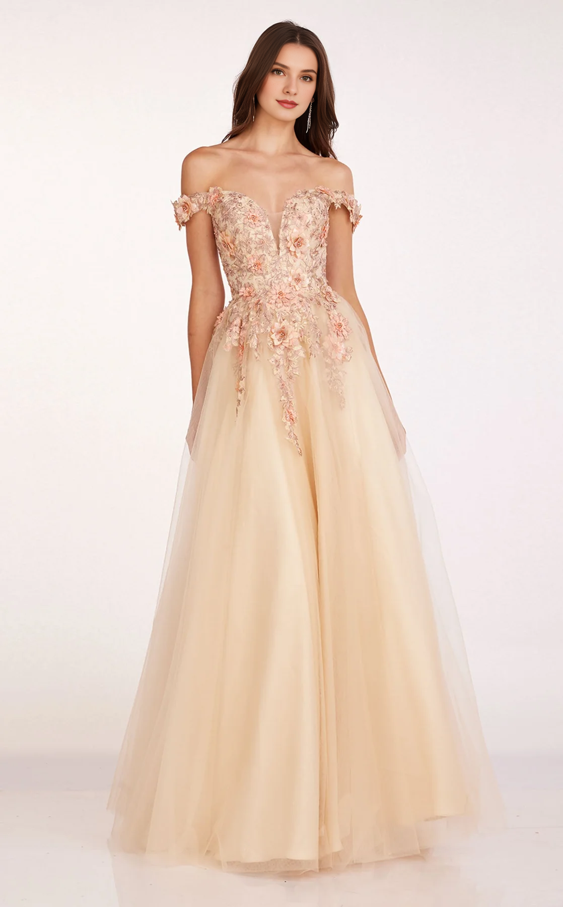 A-line V-neck off shoulder 3D decal chiffon and floor length Prom dress