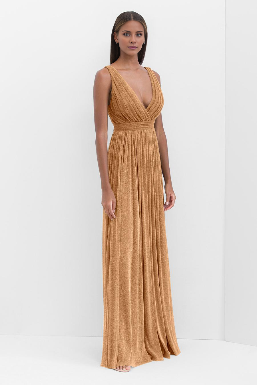 Elegant Gold Glitter A-Line Floor-Length Bridesmaid Dress with Pleated Bodice & Skirt